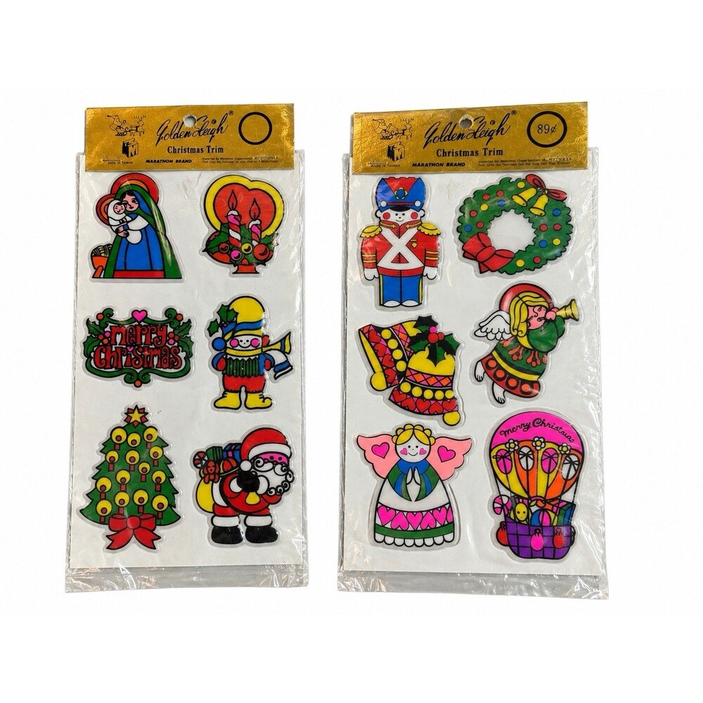 Vintage Golden Sleigh Christmas Puffy Stickers Lot 2 Marathon Brand Retro